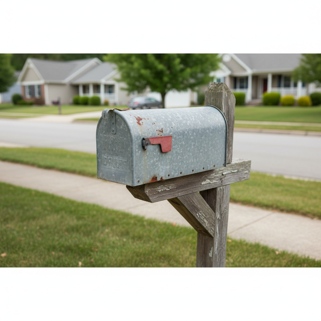 Weathered curbside mailbox awaiting repairs in Gaithersburg, Maryland