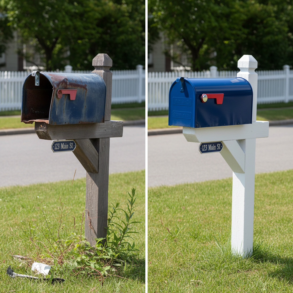 Before and after view of a restored mailbox post in Hagerstown, Maryland