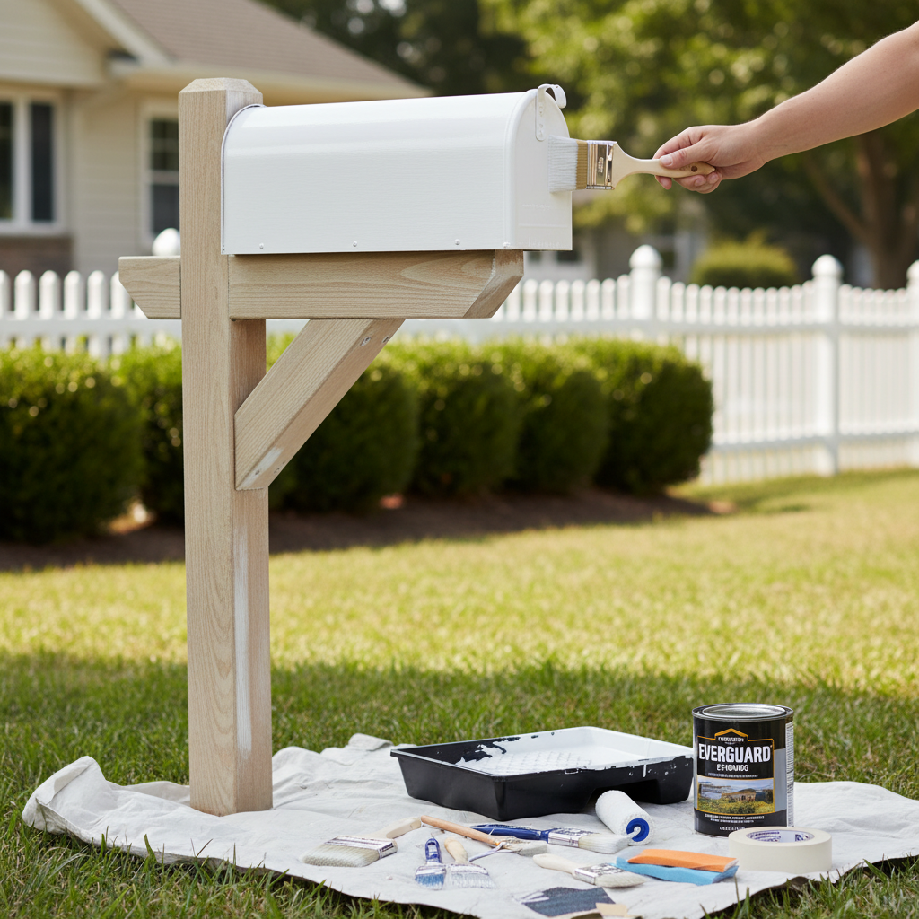 Technician painting a freshly installed mailbox in Melissa, Texas