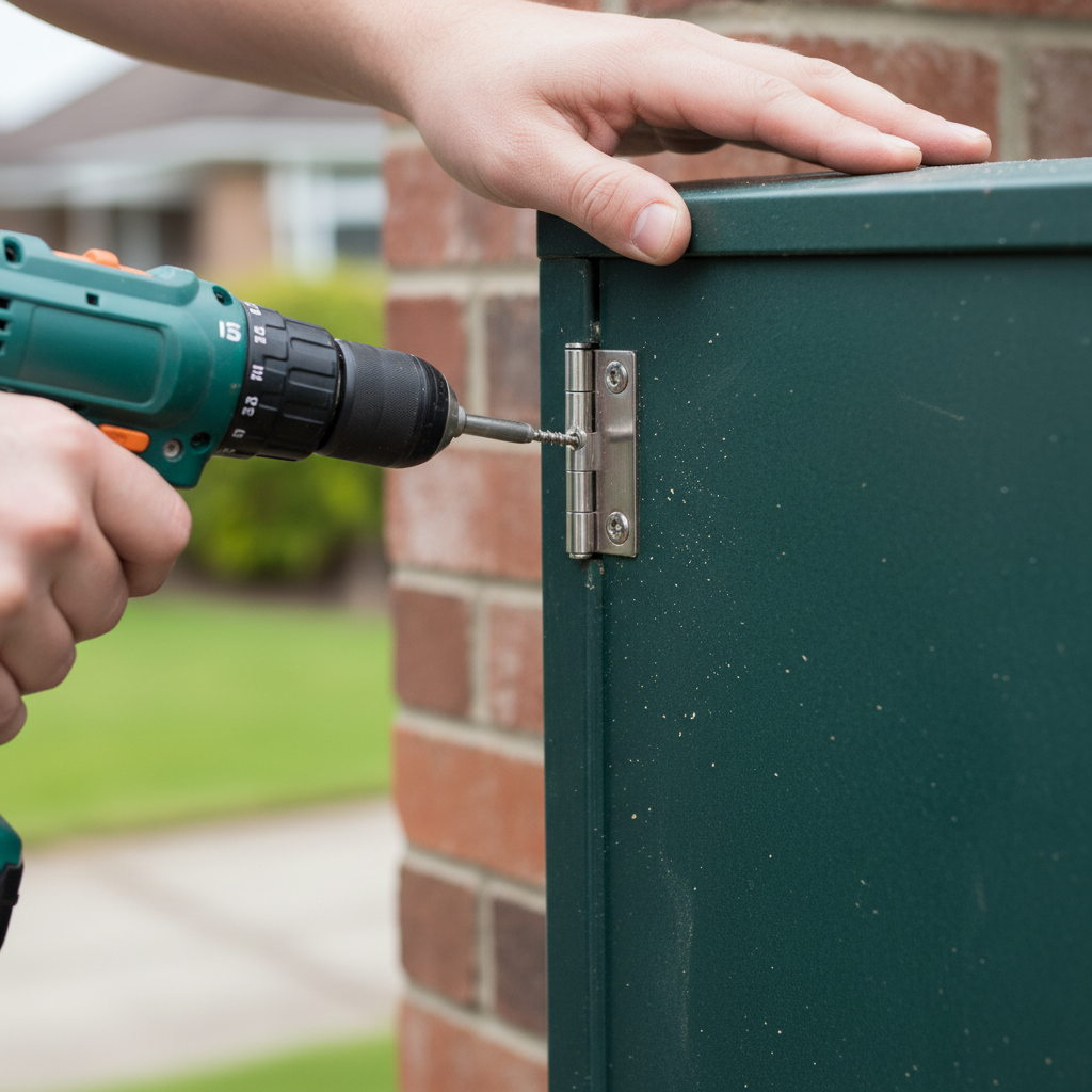 Drilling hinge hardware on a locking mailbox in Bowie, Maryland