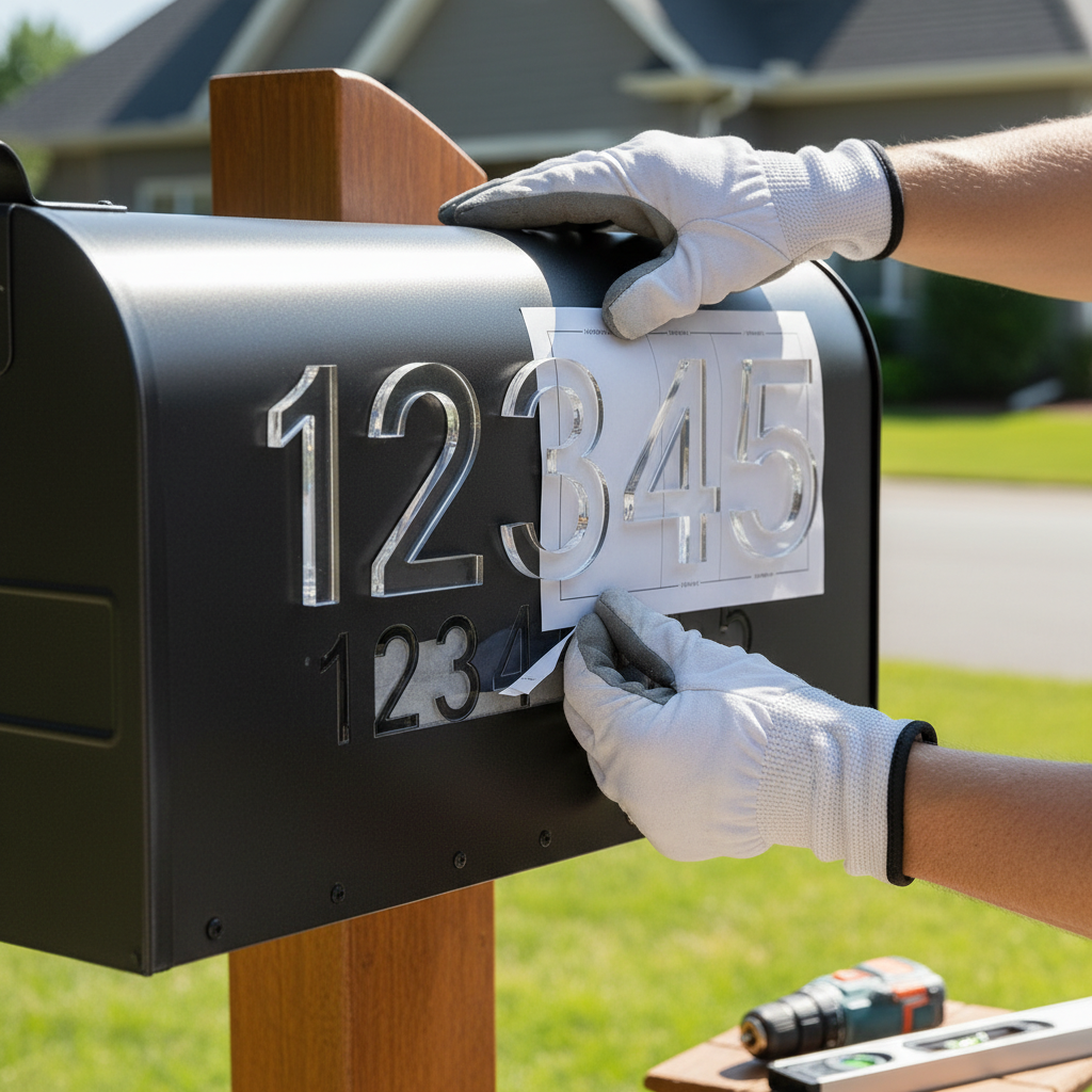 Applying reflective address numbers to a mailbox in Rusk, Texas