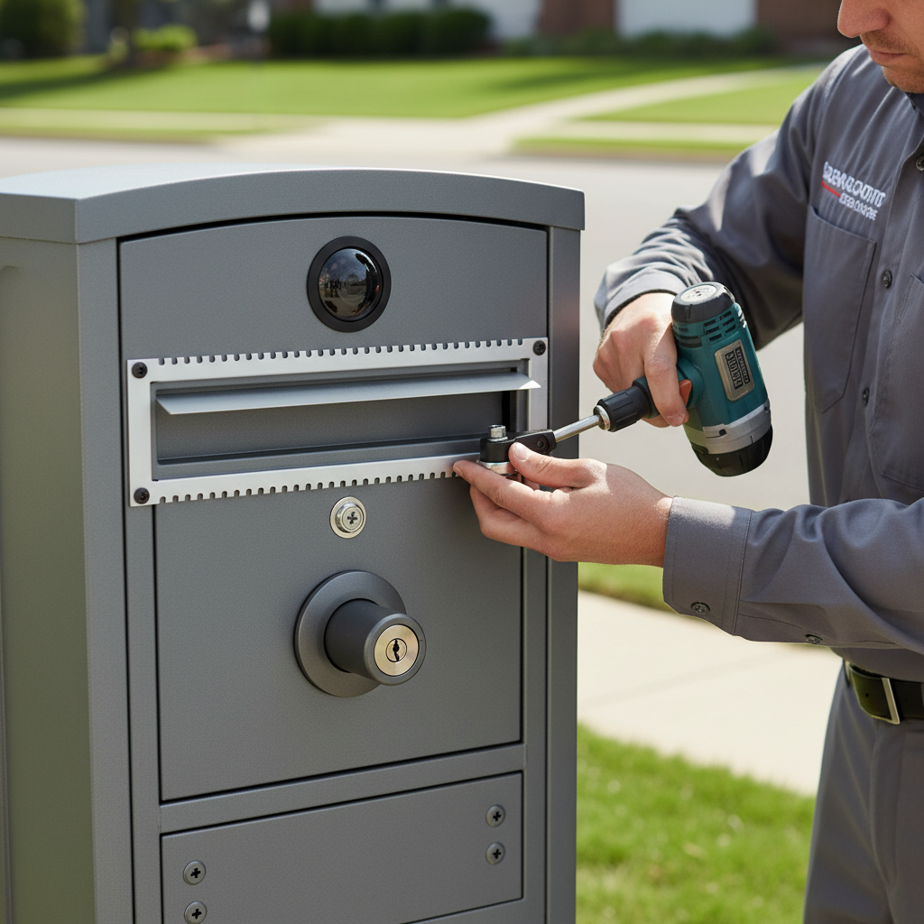 Adjusting hardware on a secure parcel locker in Peekskill, New York